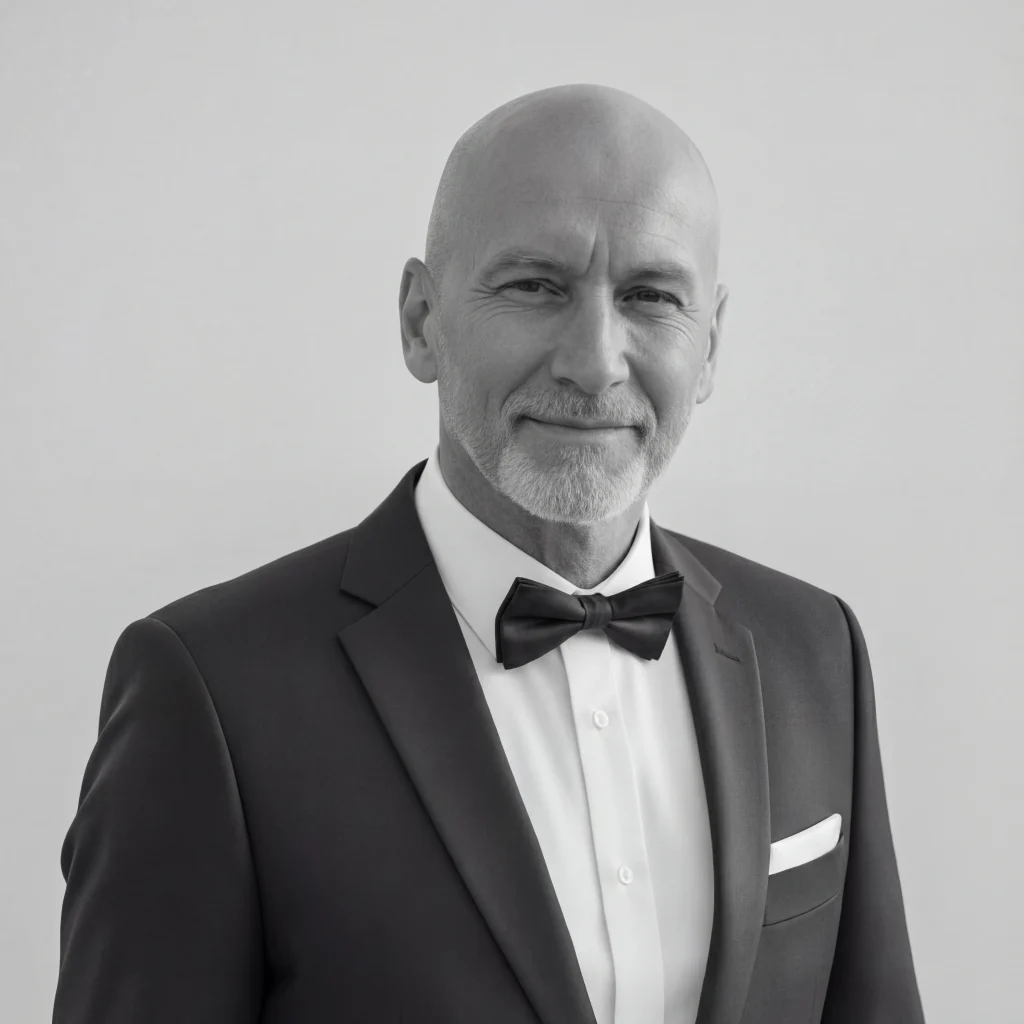 Black and white professional portrait of Harry Krauze, Senior AI Art Director & Visual Producer. Wearing a tuxedo, representing elegance and 70 years of life experience.